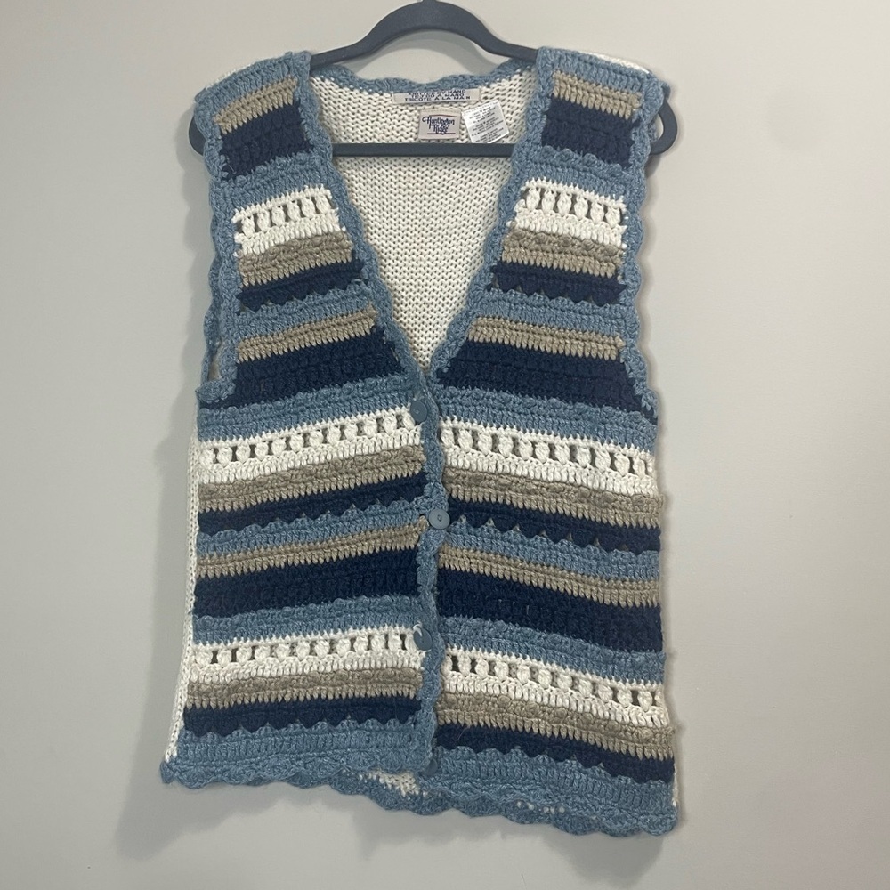 Vintage Huntington Ridge Hand Knitted Crotchet Blue Tan Ivory 3 Button Vest